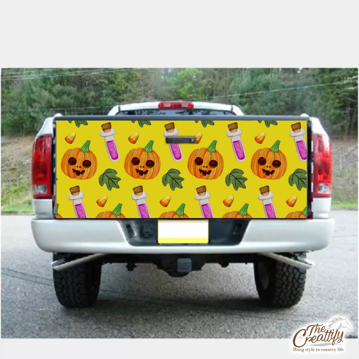 Scary Pumpkin Face and Witch Potions Yellow Halloween Truck Bed Decal