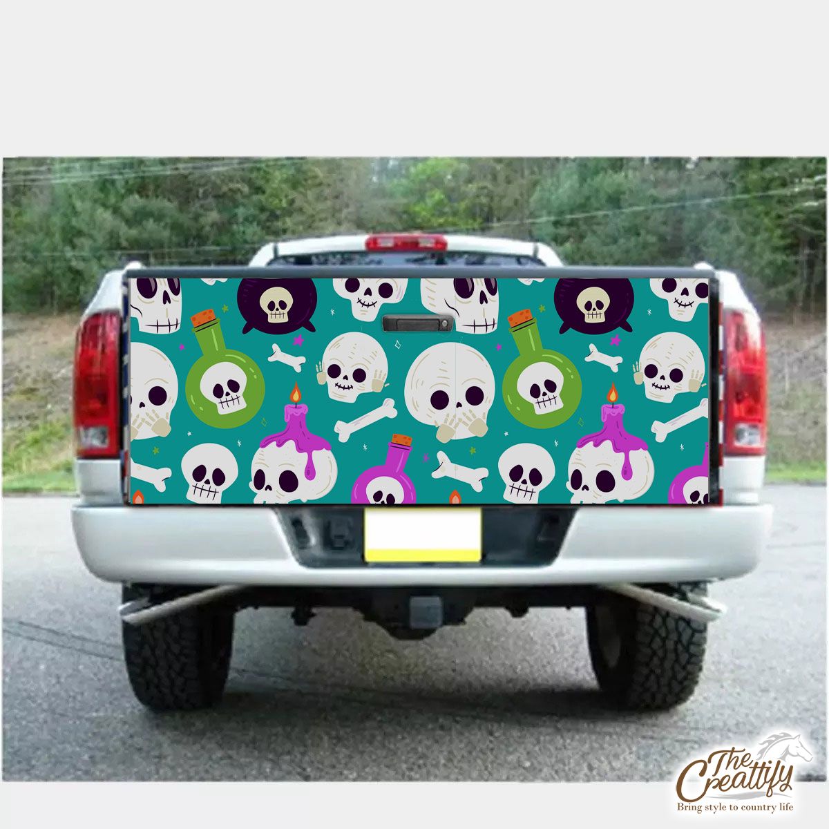 Skull, Funny Skull, Witch Cauldron and  Halloween Skeleton Blue Truck Bed Decal