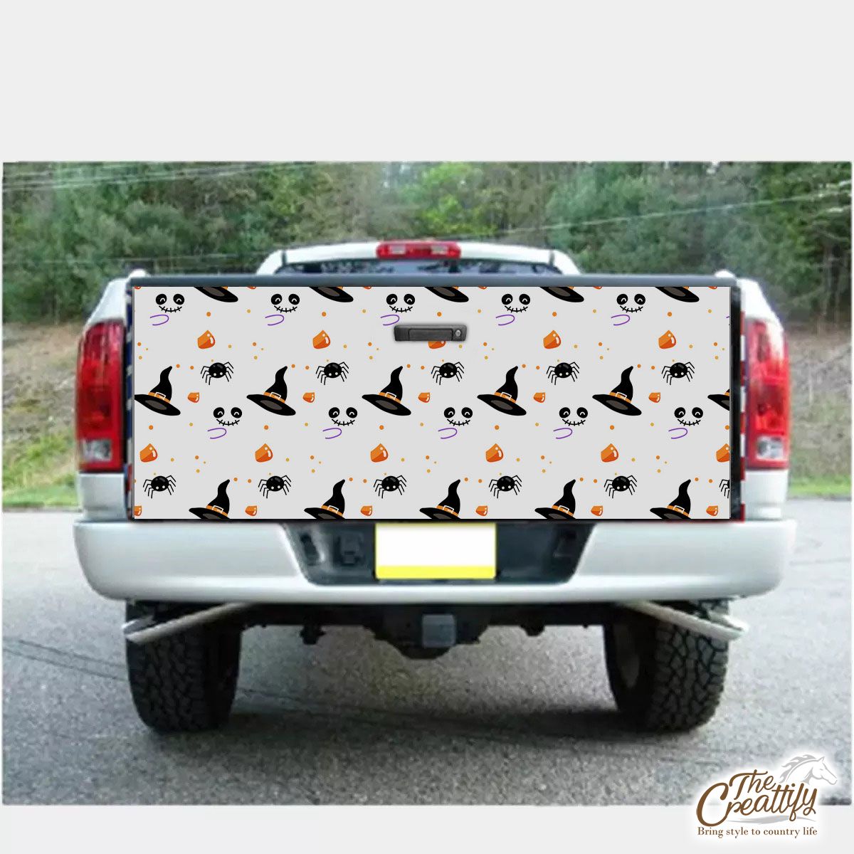 Witch Hat and Spider, Halloween Scary With Boo White Truck Bed Decal