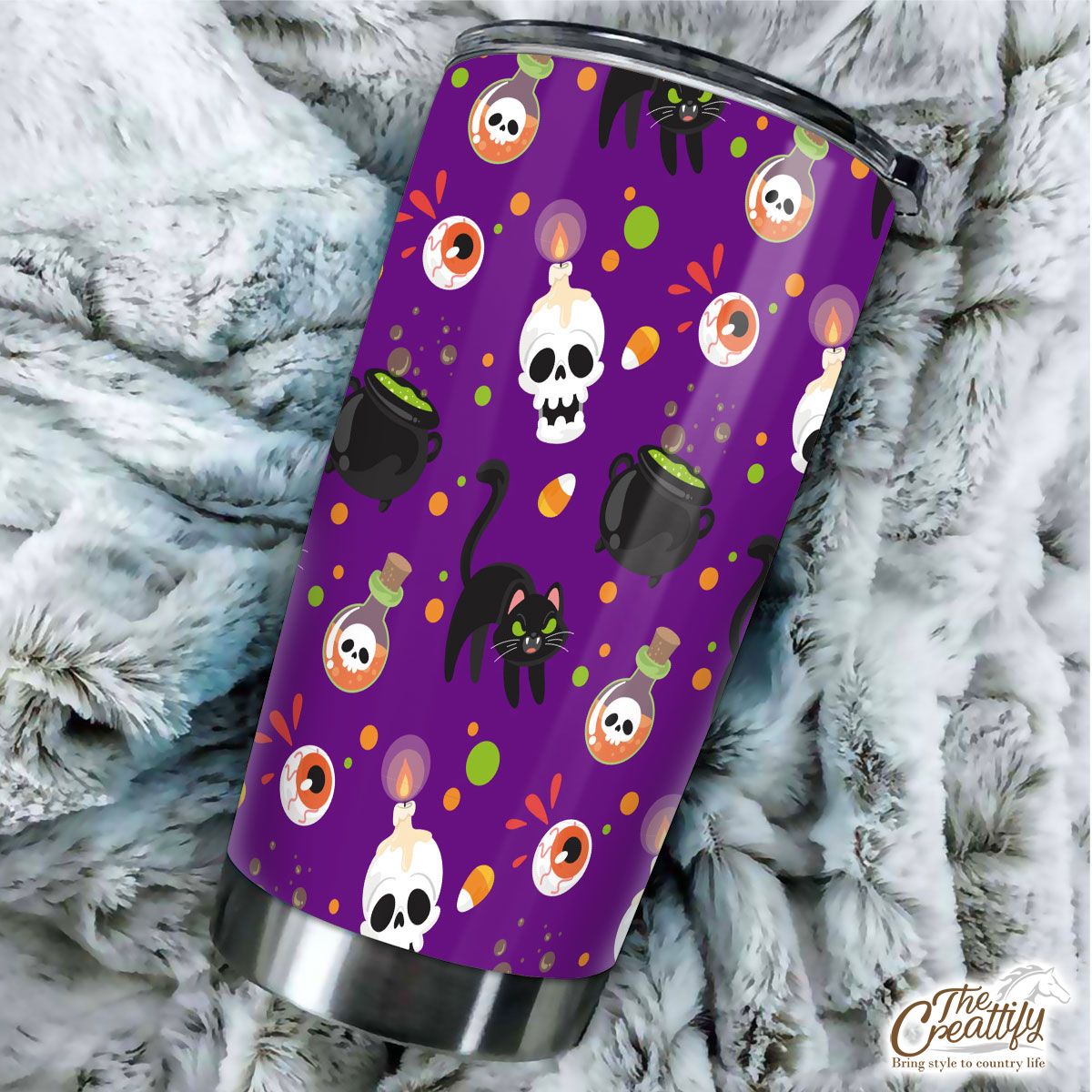 Black Cat And Skull On The Spooky Background Halloween Tumbler