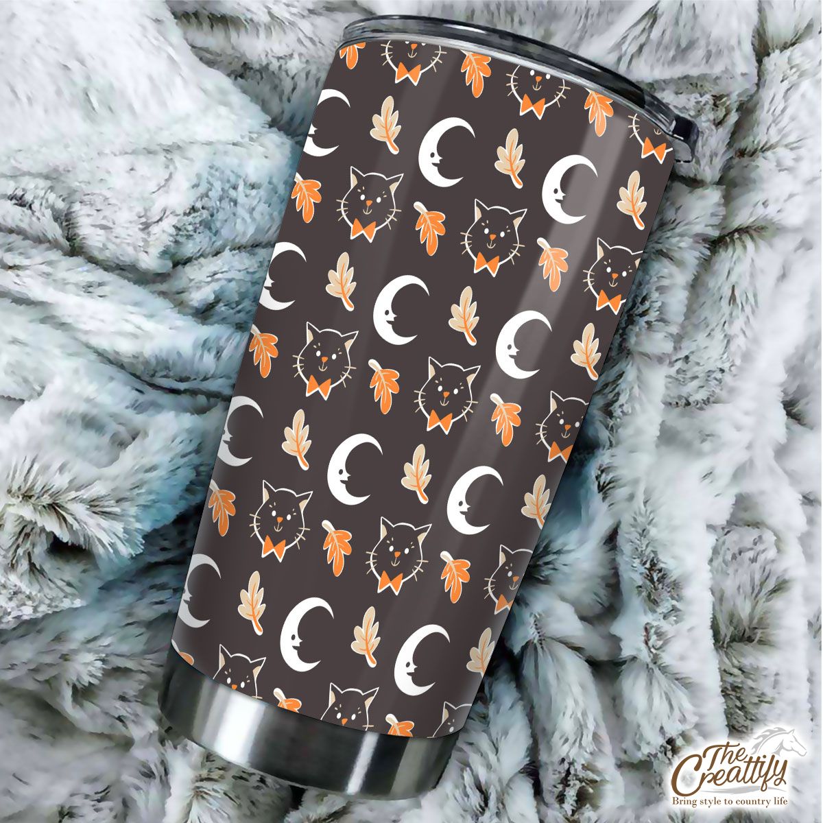 Black Cat With Fall Leaves And Moon Halloween Tumbler