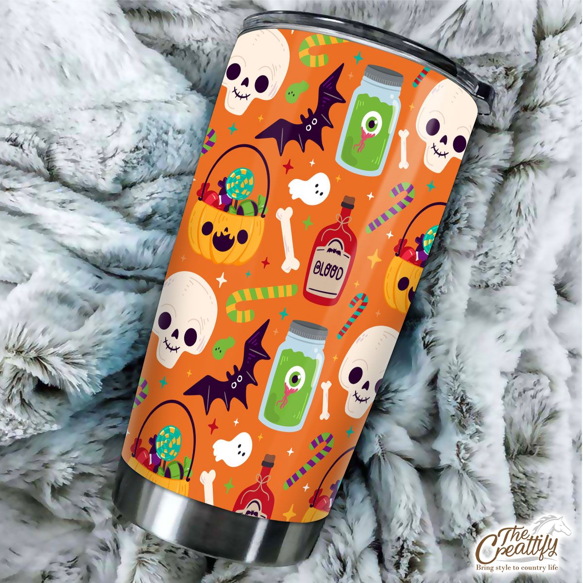 Cute Pumpkin, Jack O Lantern Full of Candy, Witch Potions and Bat Orange Halloween Tumbler