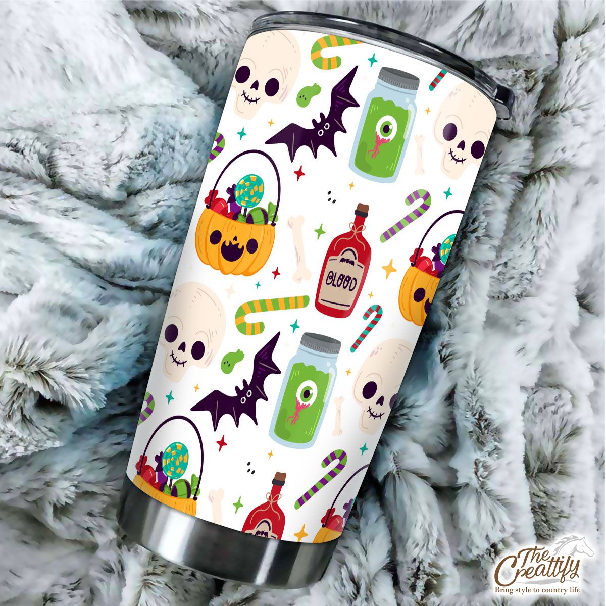 Cute Pumpkin, Jack O Lantern Full of Candy, Witch Potions and Bat White Halloween Tumbler