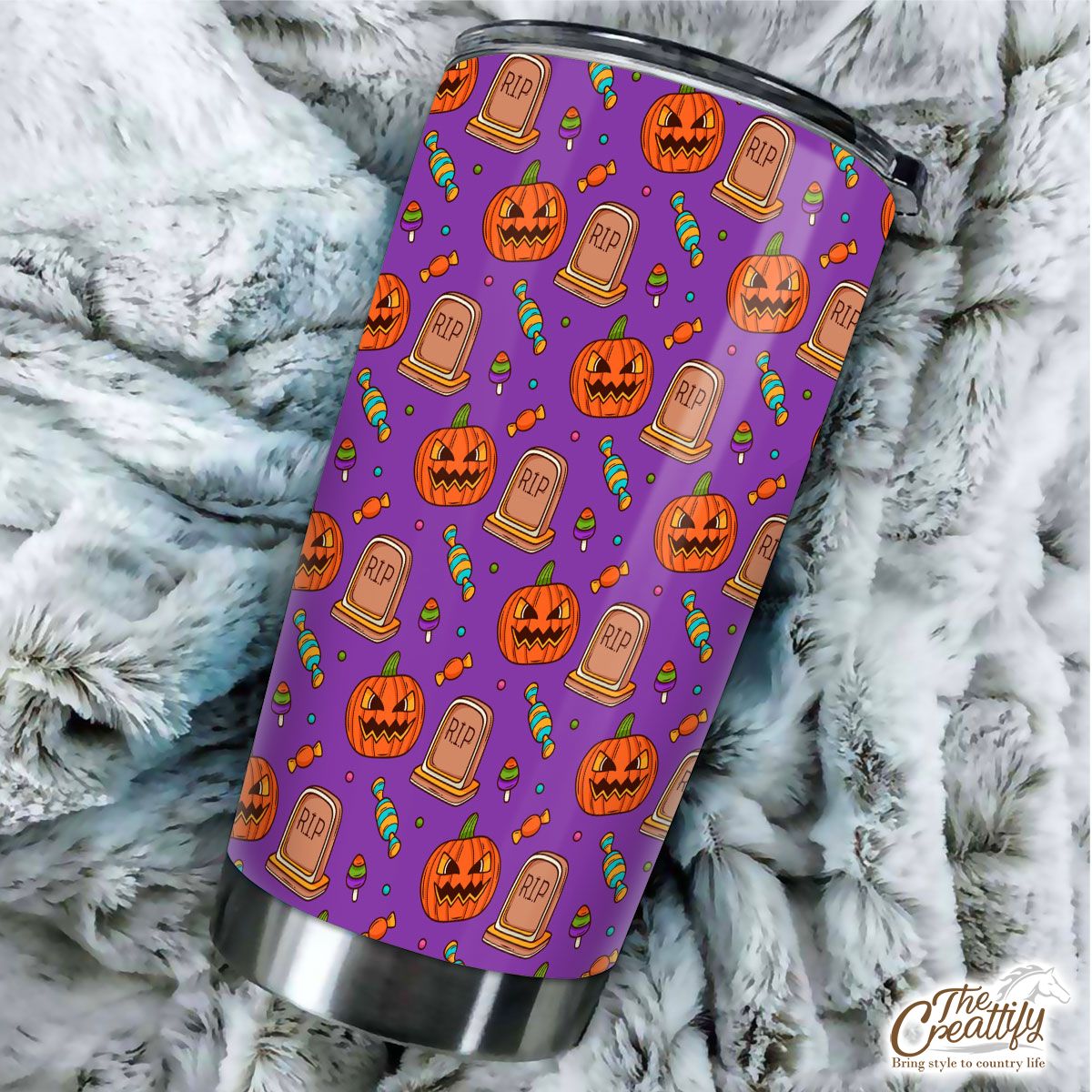 Halloween Scary Pumpkin Face With Headstone And Candy Tumbler
