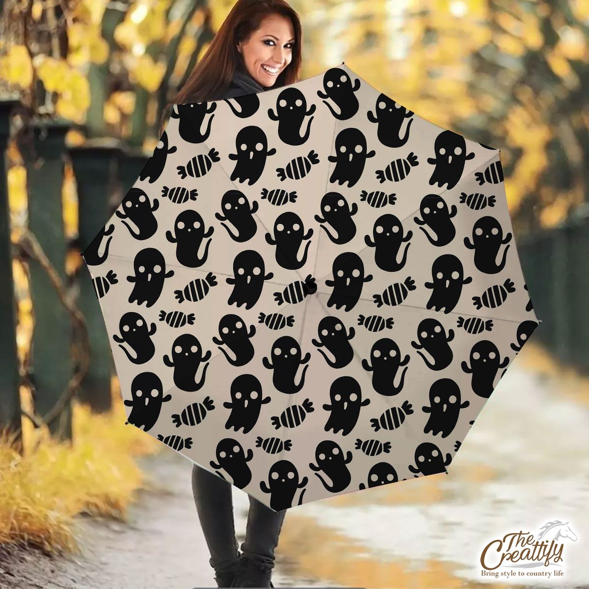 Black And White Cute Ghost With Halloween Candy Umbrella