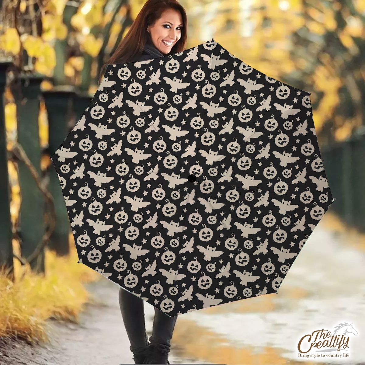 Black And White Scary Pumpkin Face With Owl Halloween Umbrella