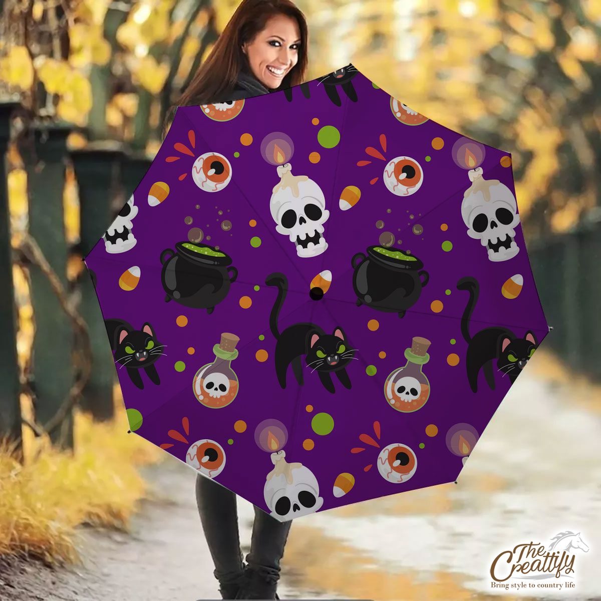 Black Cat And Skull On The Spooky Background Halloween Umbrella