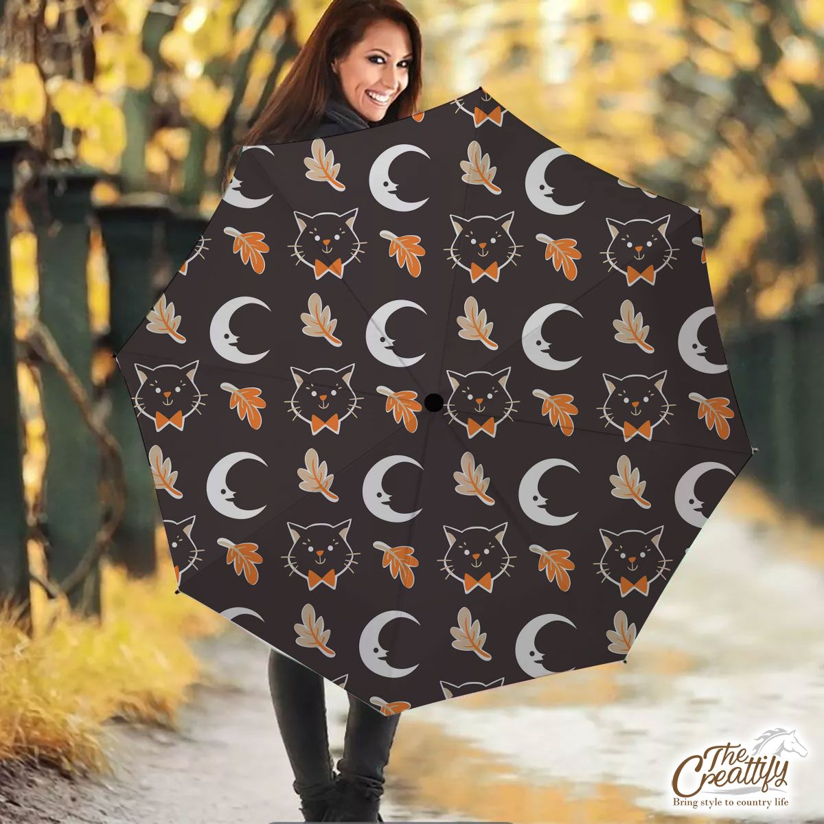 Black Cat With Fall Leaves And Moon Halloween Umbrella