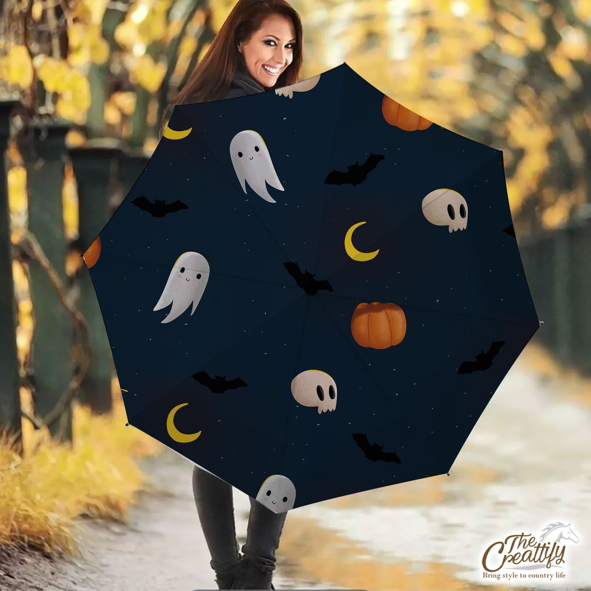 Cute Boo Ghost, Pumpkins With Moon Halloween Umbrella