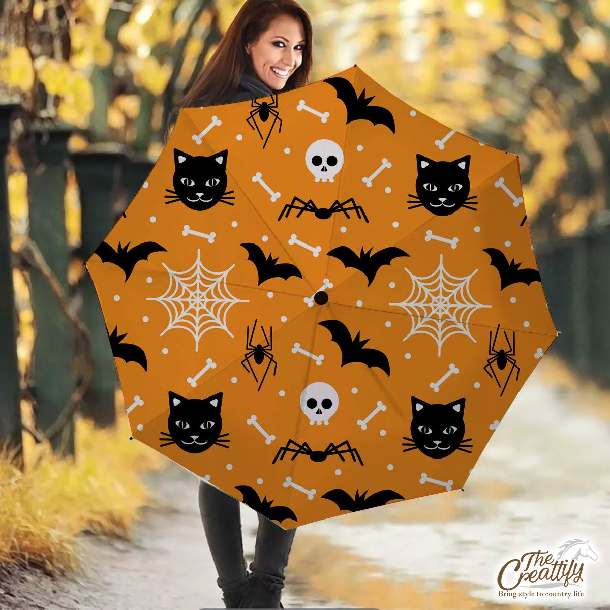 Cute Halloween Ghost  With Cat and Bat Umbrella