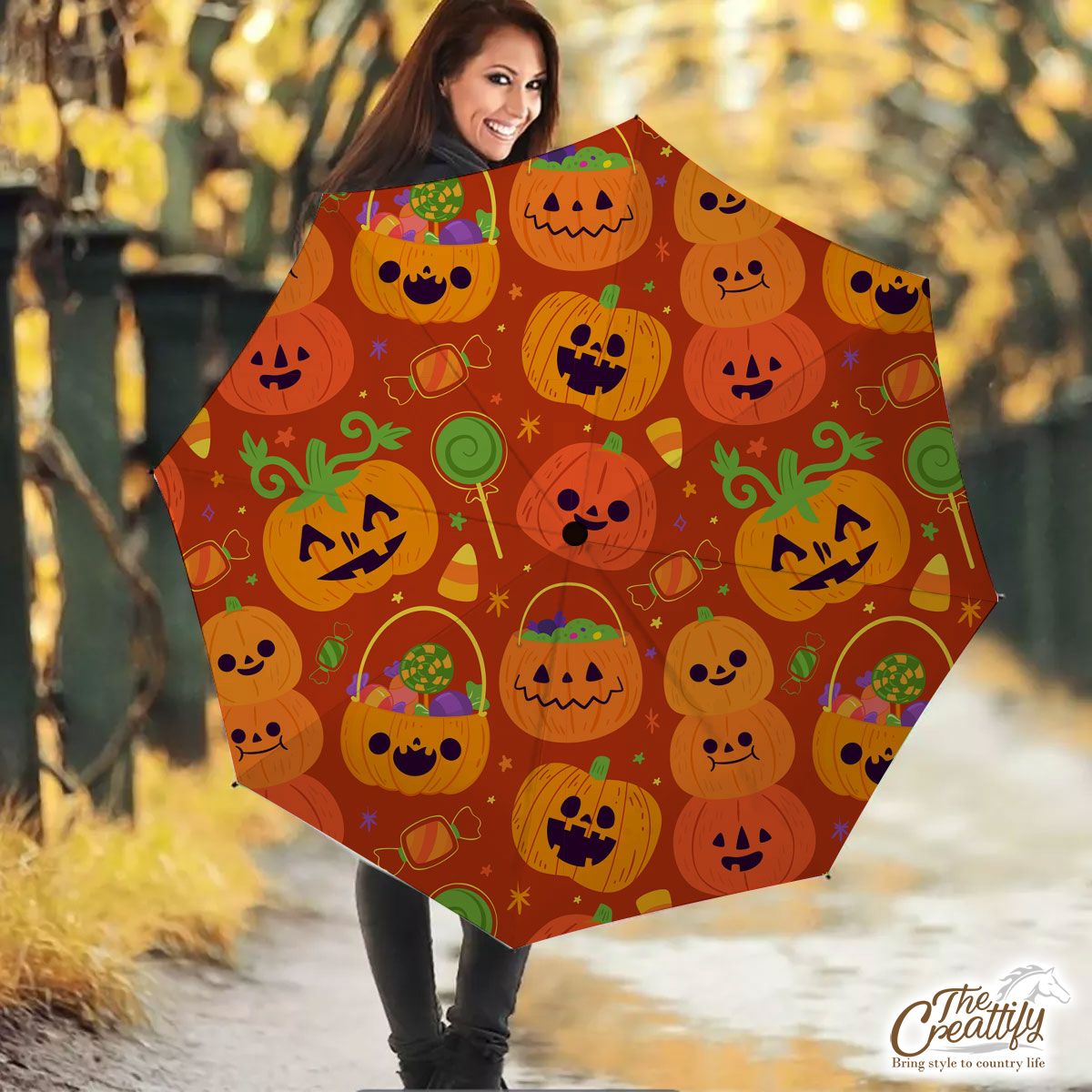 Cute Pumpkin, Jack O Lantern Full of Candy Orange Halloween Umbrella