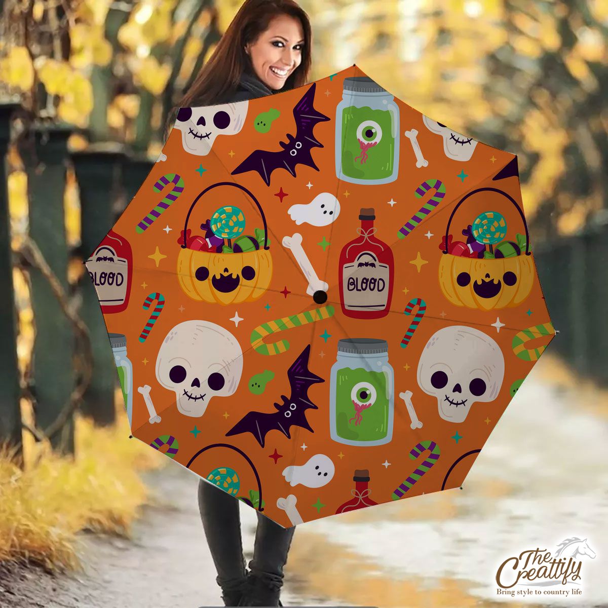 Cute Pumpkin, Jack O Lantern Full of Candy, Witch Potions and Bat Orange Halloween Umbrella