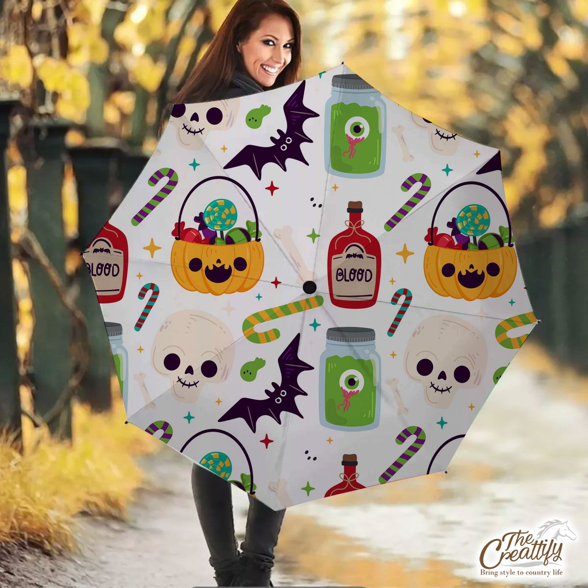 Cute Pumpkin, Jack O Lantern Full of Candy, Witch Potions and Bat White Halloween Umbrella