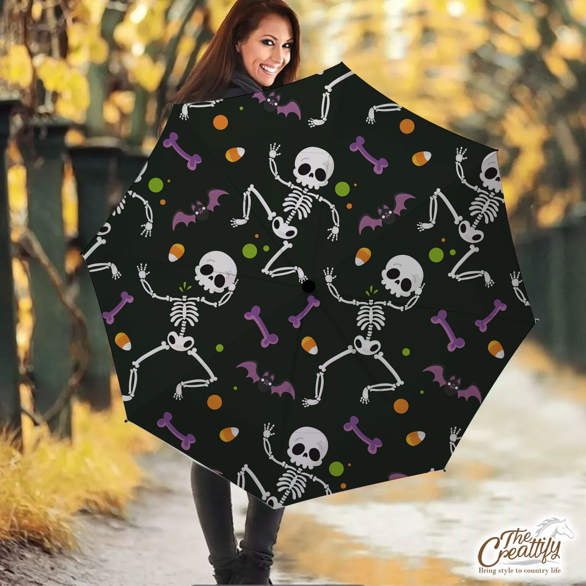Funny Halloween Dancing Animated Skeleton On Halloween Background Umbrella