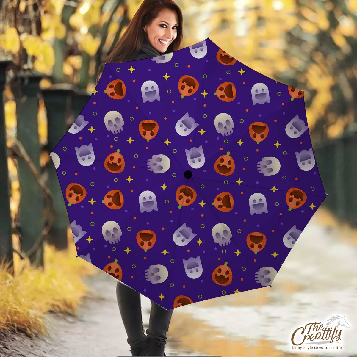 Funny Halloween Pumpkin Face, Jack O Lantern, Skeleton Umbrella