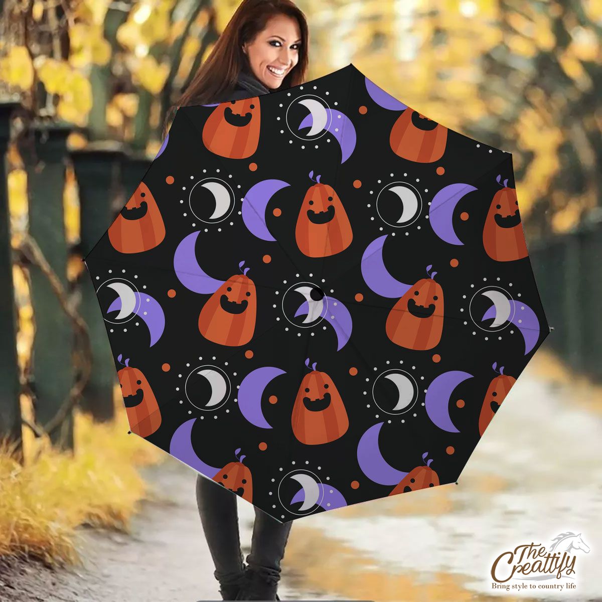 Funny Pumpkin Carving With Crescent Moon Halloween Umbrella