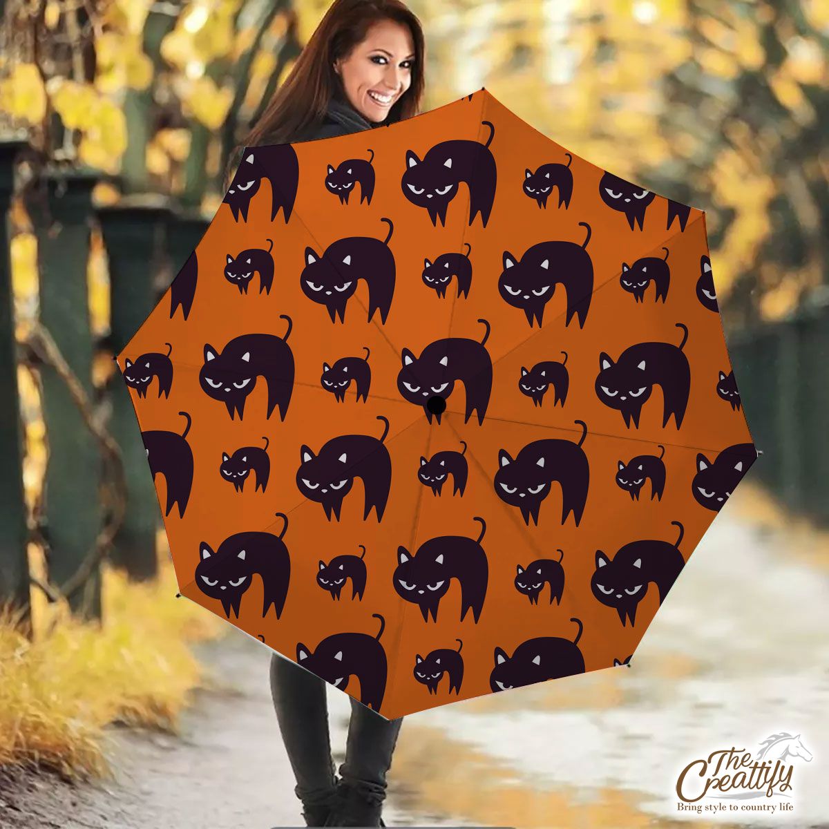 Halloween Black Cat On The Orange Background Umbrella