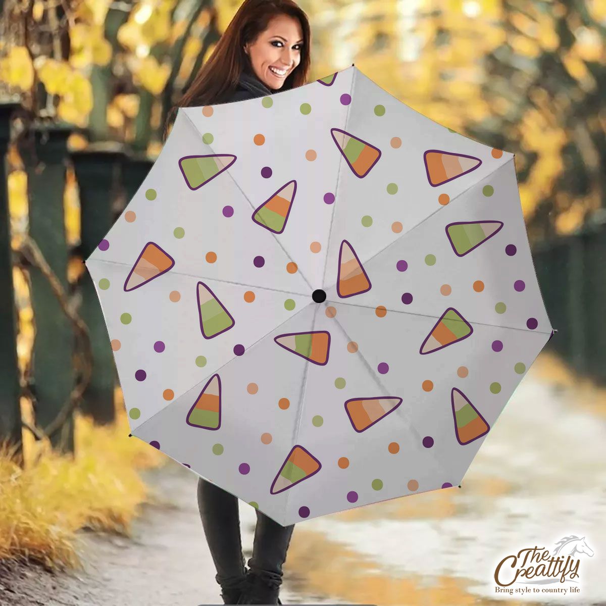 Halloween Candy Seamless Pattern With Polka Dot Umbrella