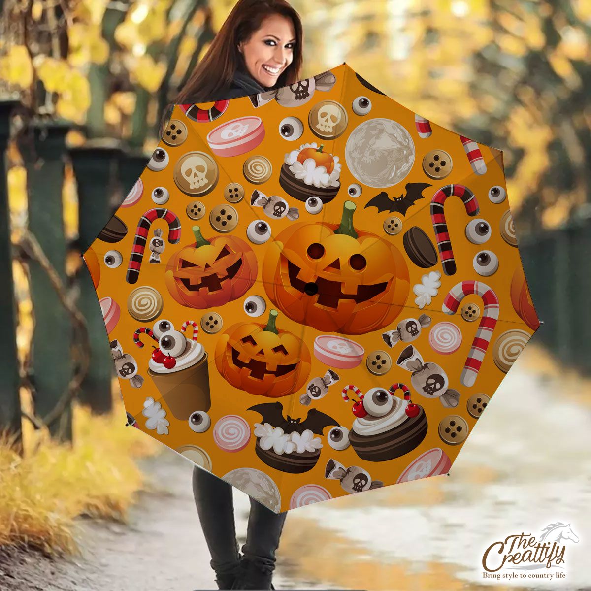 Halloween Party Food On Orange Background Umbrella