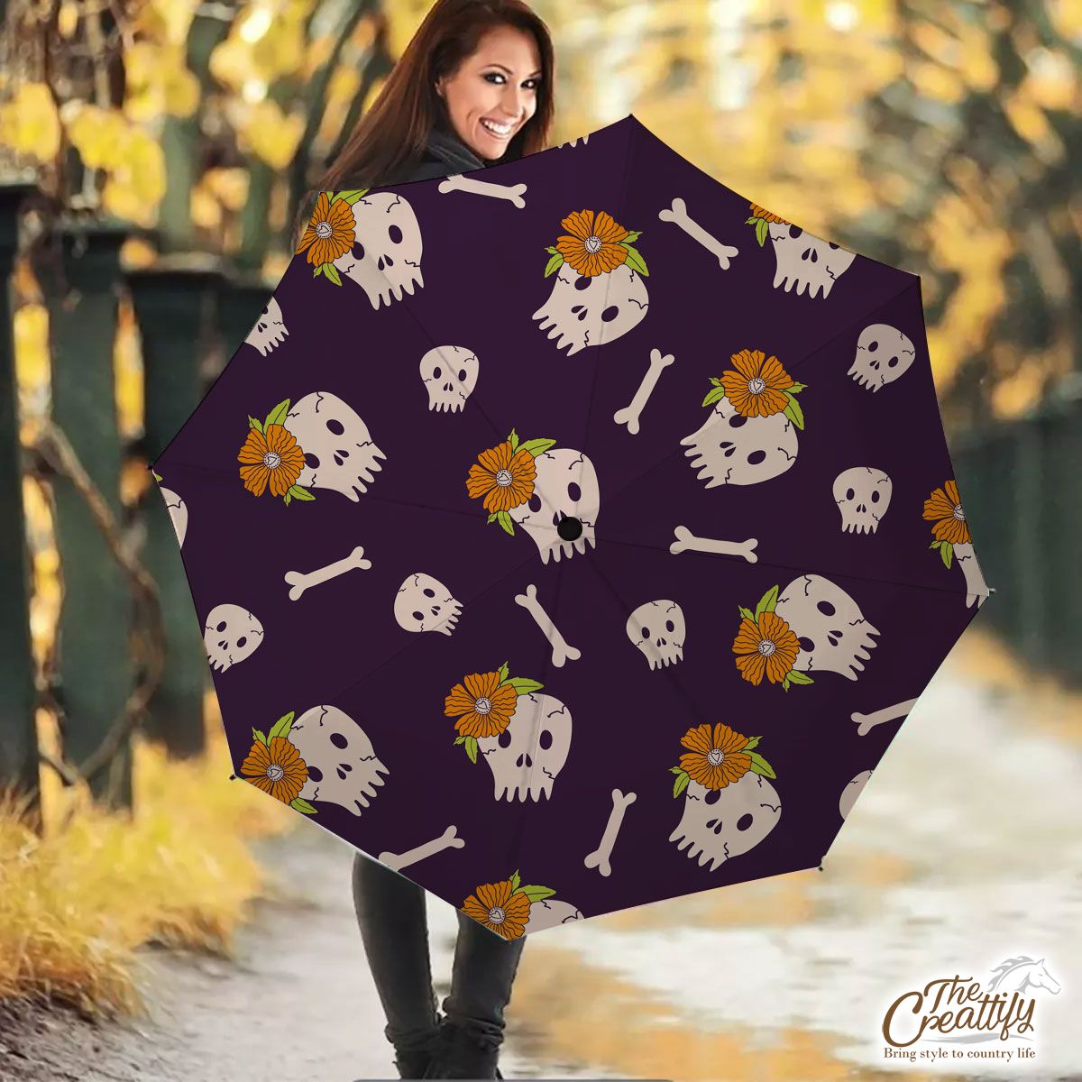 Halloween Skull Seamless Pattern With Sunflower Umbrella