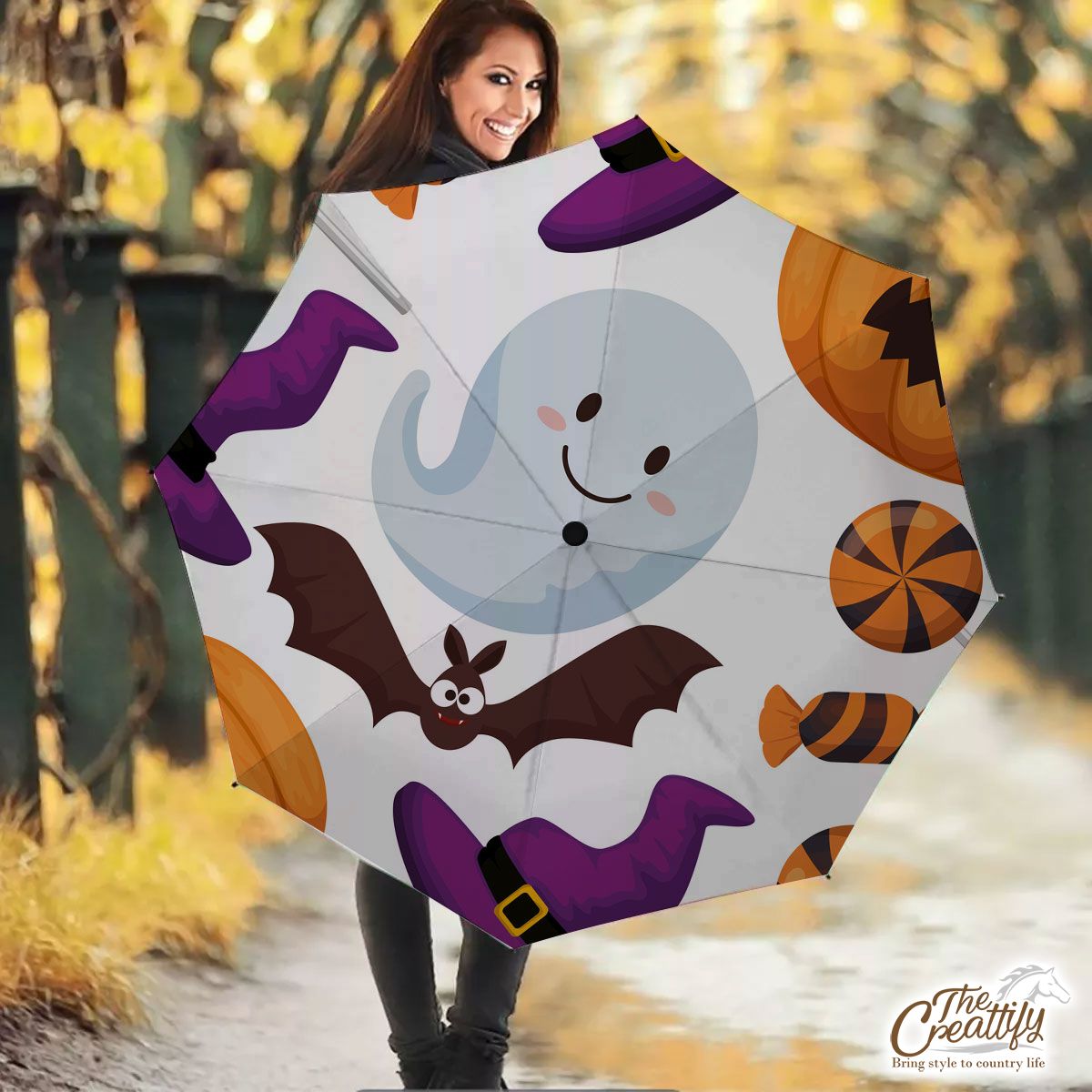 Happy Halloween With Cartoon Bat, Cute Ghost, Scary Pumpkin Face And Halloween Candy Umbrella