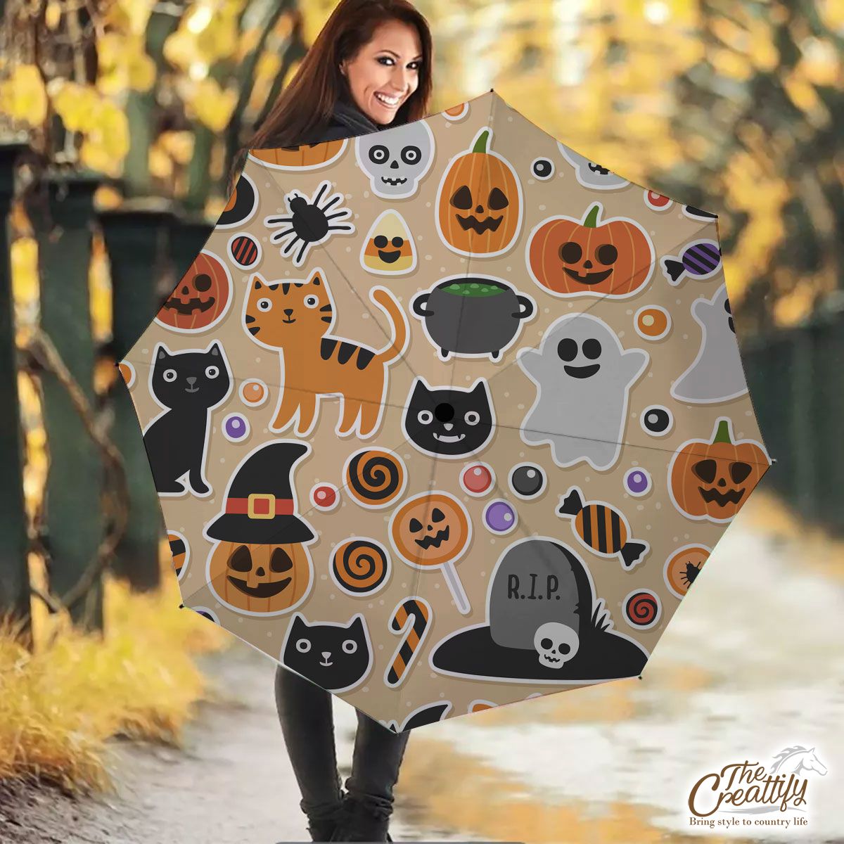 Scary Halloween Cat  With Pumpkin Jack O Lantern and Skull Umbrella