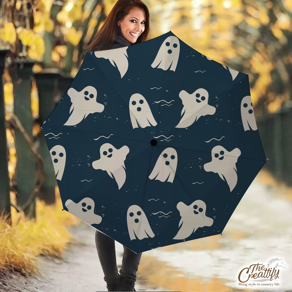 Scary Halloween Ghosts Seamless Pattern Blue Boo Umbrella