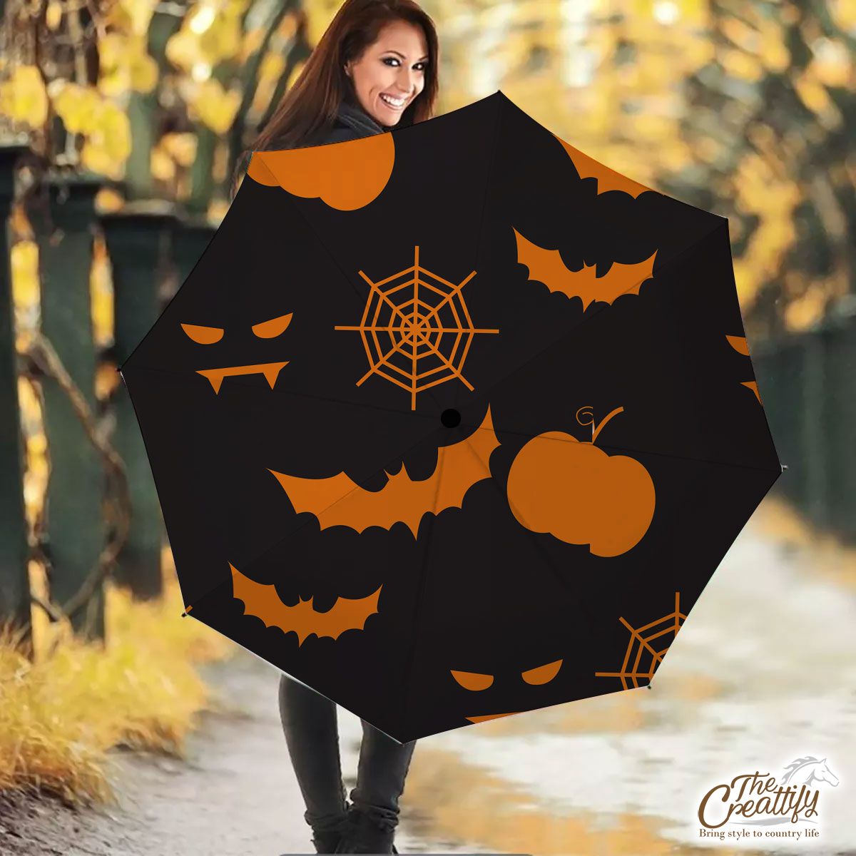 Scary Halloween Vampire  With Pumpkin Jack O Lantern and Bat Umbrella