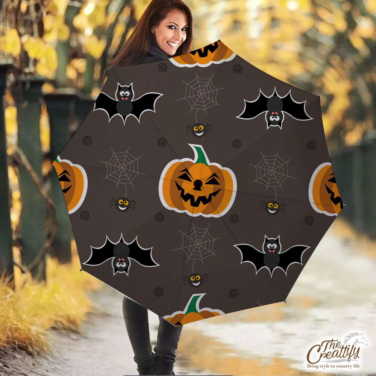 Scary Halloween With Pumpkin Jack O Lantern and Bat Umbrella