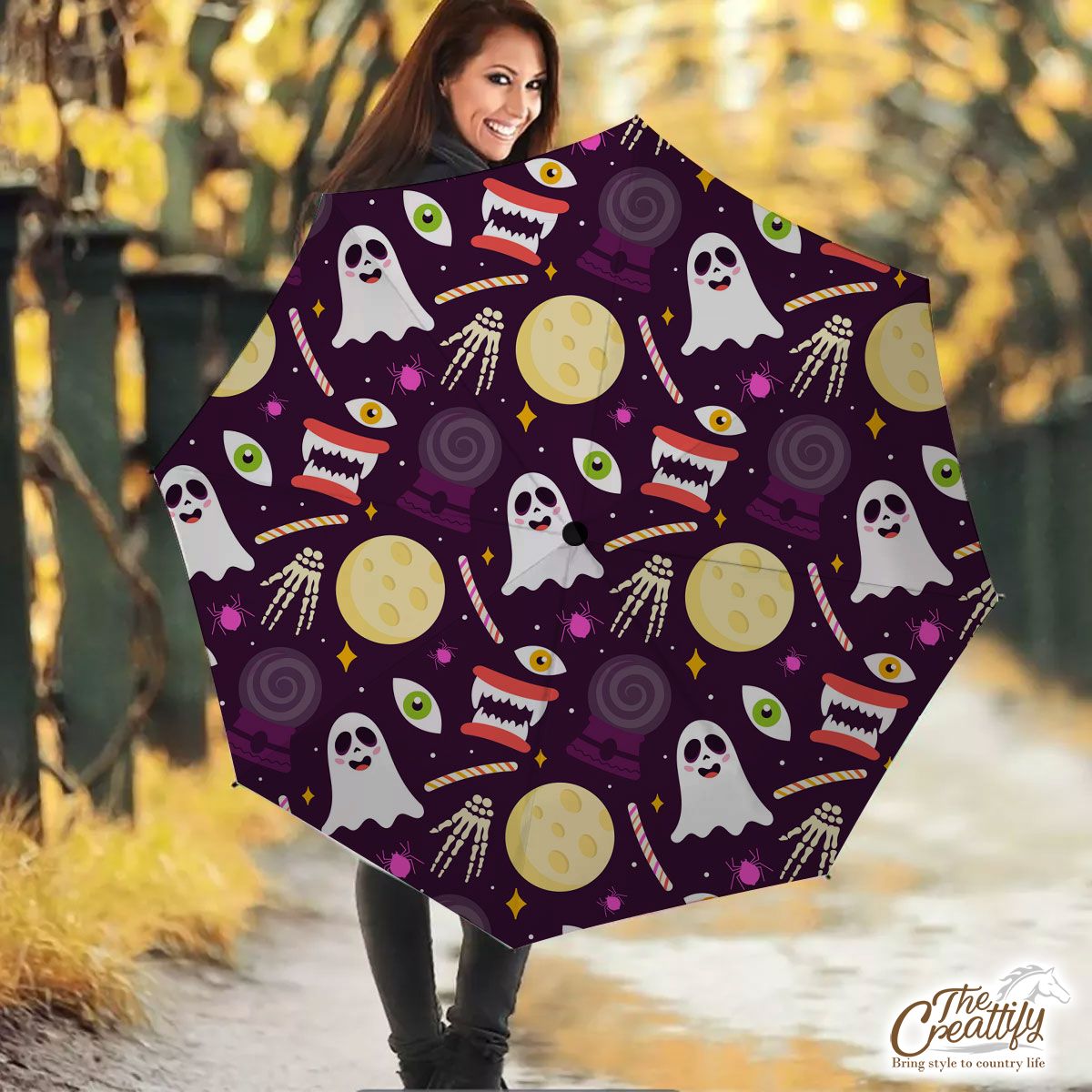 Scary Halloween, Halloween Candy With Boo, Creepy Hand, Halloween Skeleton Purple Umbrella