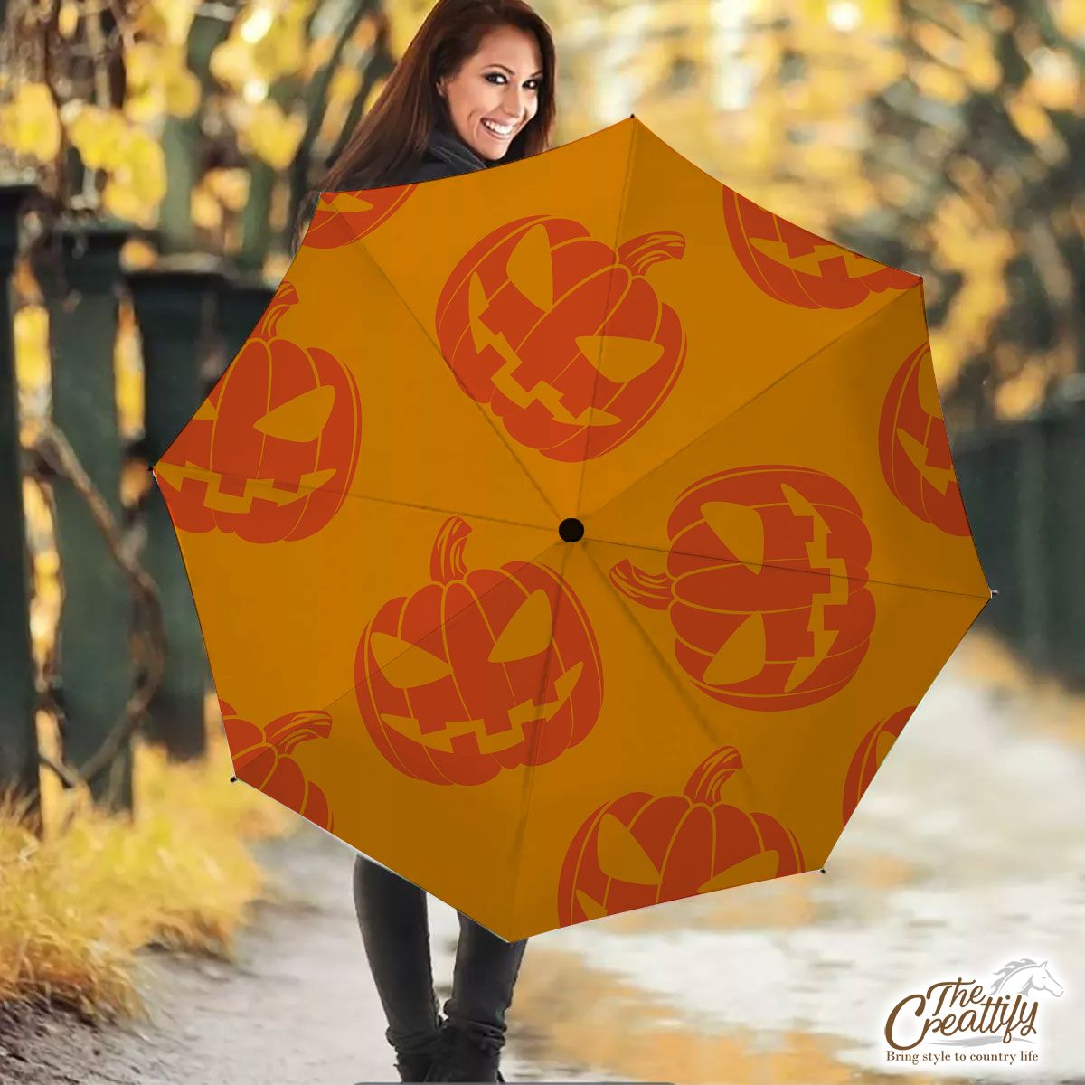 Scary Pumpkin Face On The Orange Color Background Halloween Umbrella