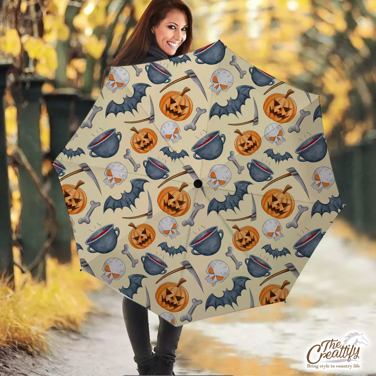 Scary Pumpkin Face On The Spooky Background Halloween Umbrella