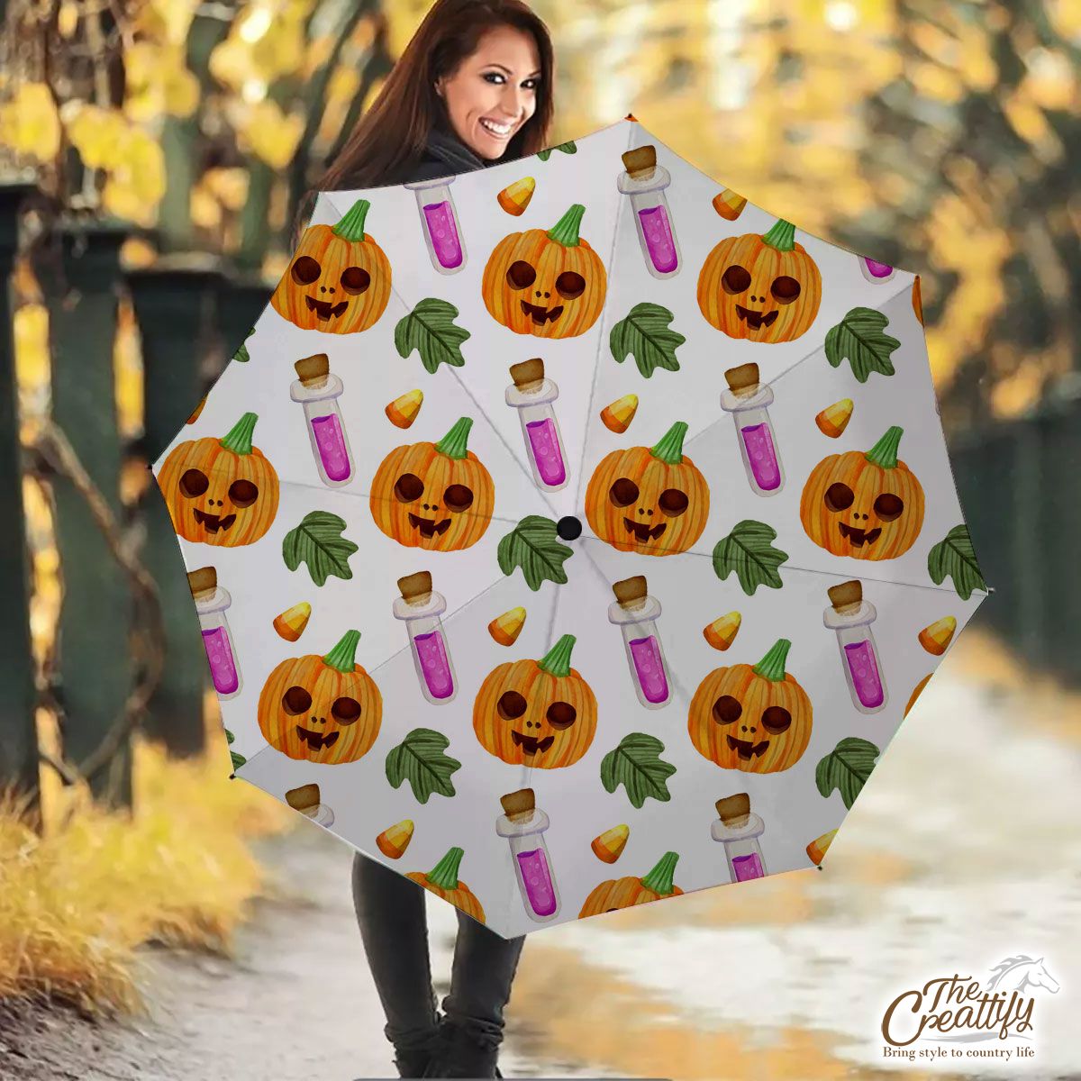 Scary Pumpkin Face and Witch Potions White Halloween Umbrella