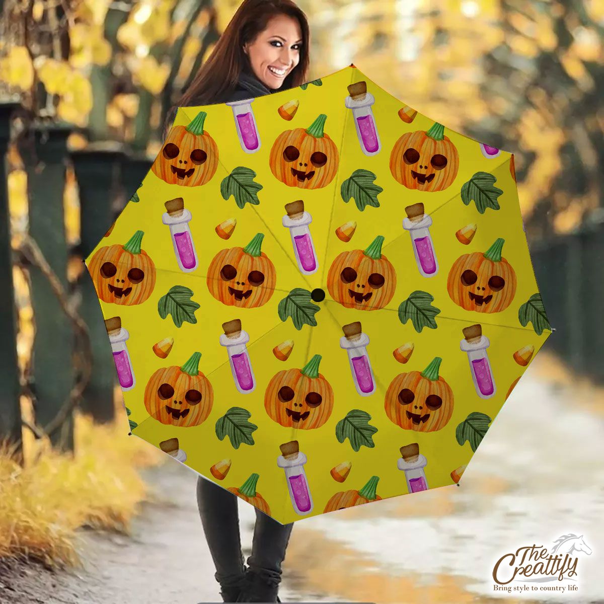 Scary Pumpkin Face and Witch Potions Yellow Halloween Umbrella