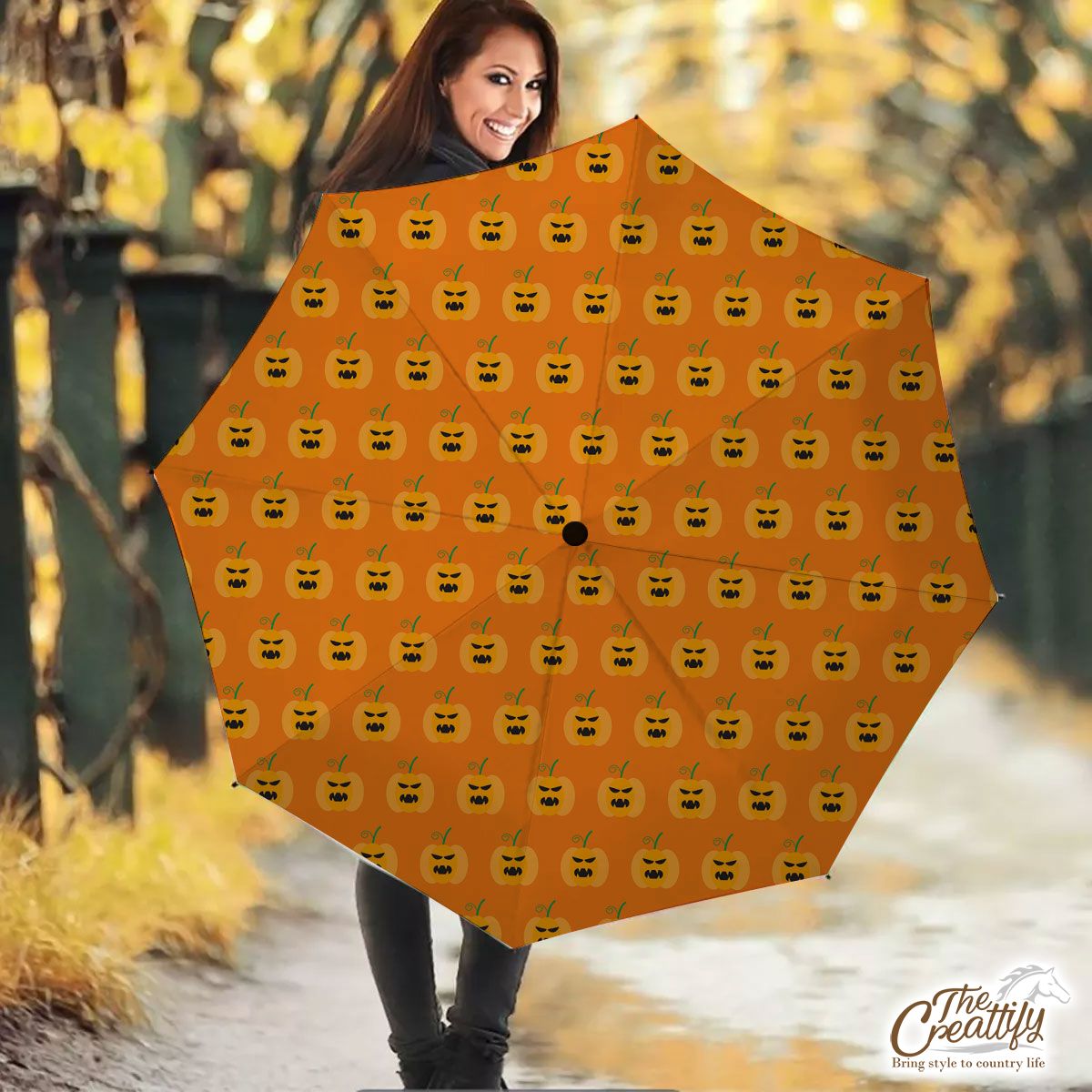Scary Pumpkin Faces On Halloween Background Umbrella