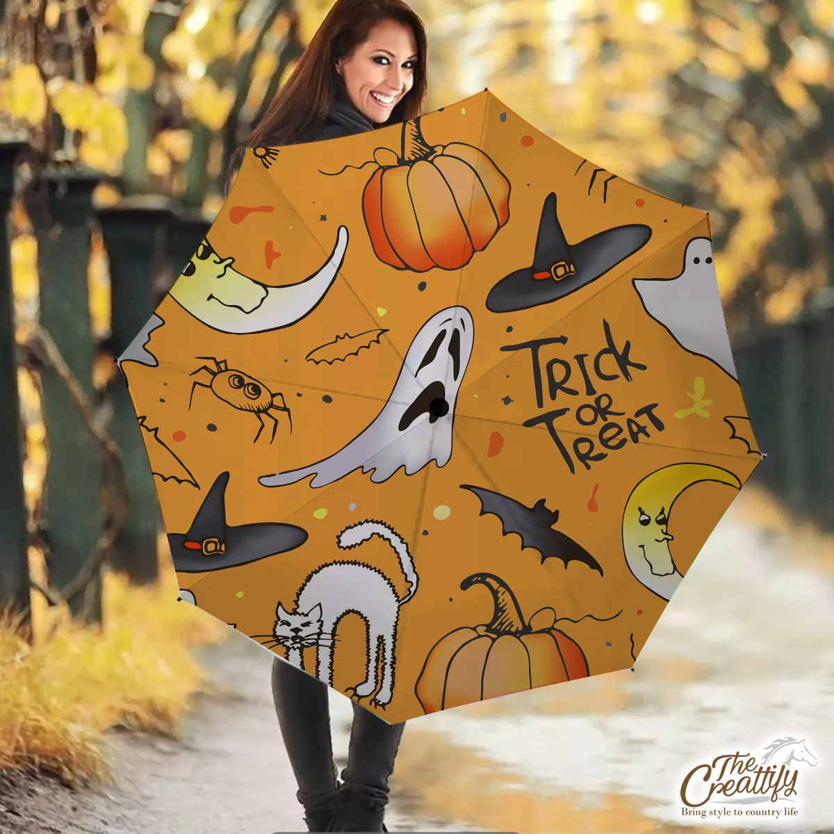 Trick or Treat Halloween Pumpkin Jack O Lantern and Boo Umbrella