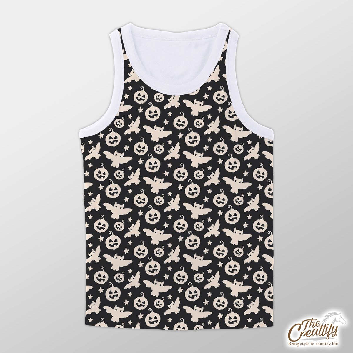 Black And White Scary Pumpkin Face With Owl Halloween Unisex Tank Top