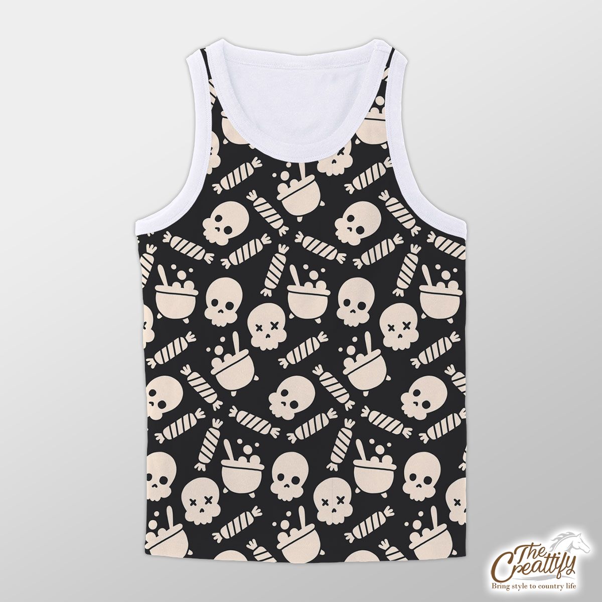 Black And White Skull Emoji With Halloween Candy Unisex Tank Top