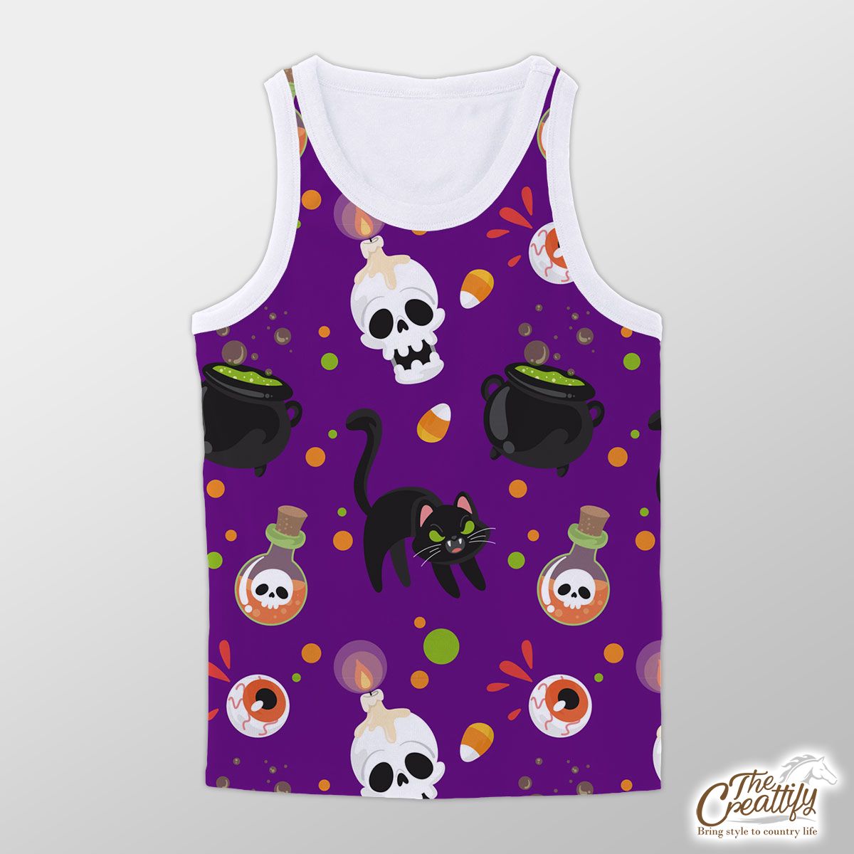 Black Cat And Skull On The Spooky Background Halloween Unisex Tank Top