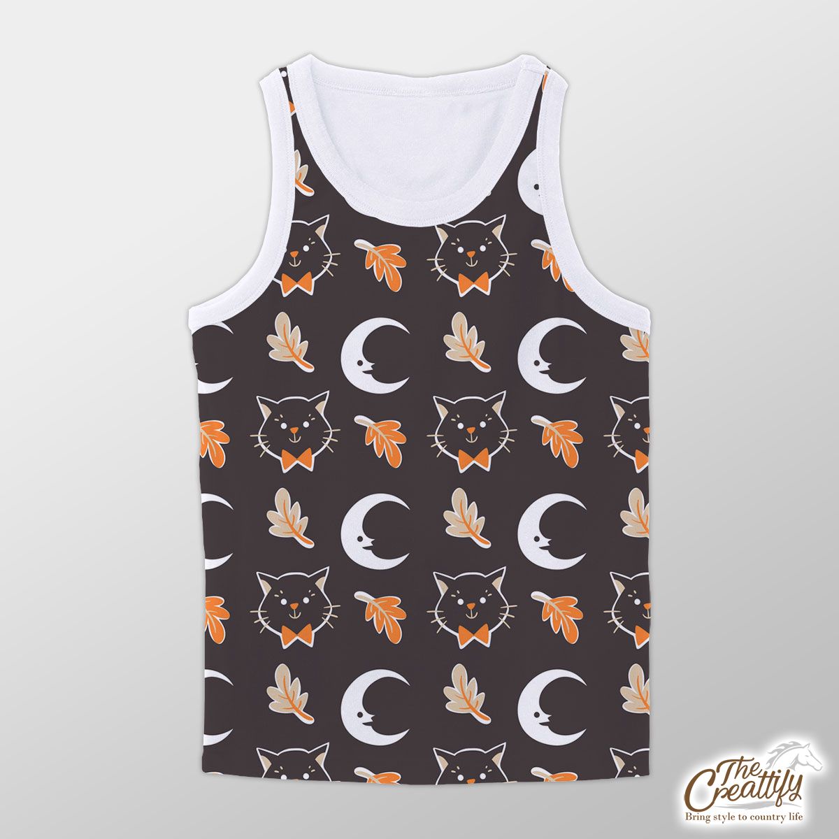 Black Cat With Fall Leaves And Moon Halloween Unisex Tank Top