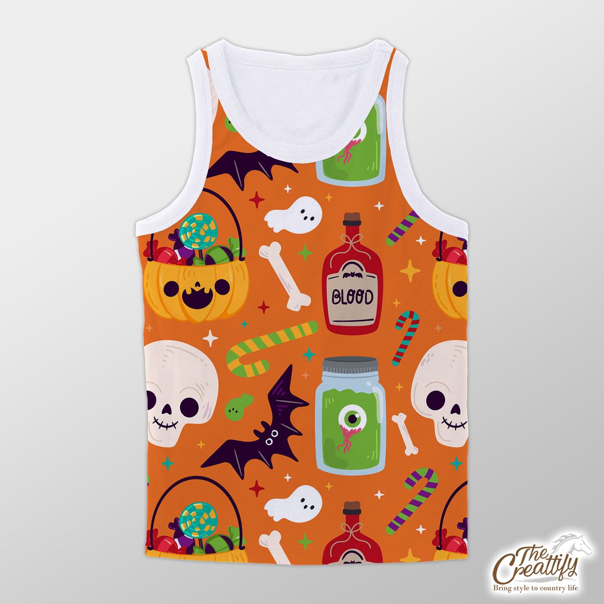 Cute Pumpkin, Jack O Lantern Full of Candy, Witch Potions and Bat Orange Halloween Unisex Tank Top