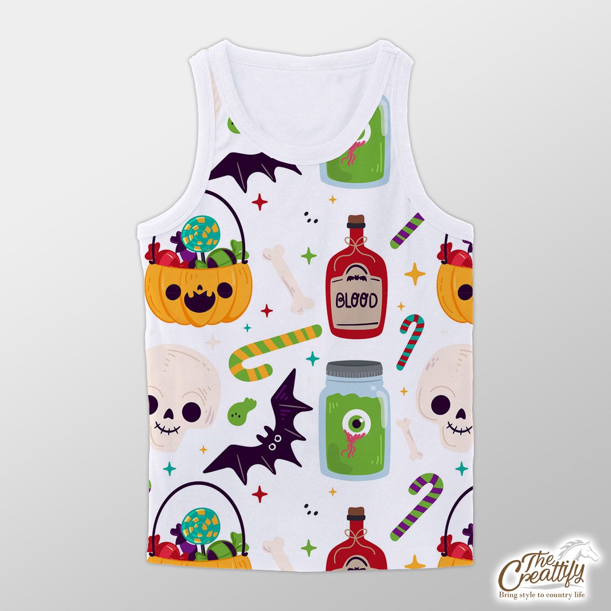 Cute Pumpkin, Jack O Lantern Full of Candy, Witch Potions and Bat White Halloween Unisex Tank Top
