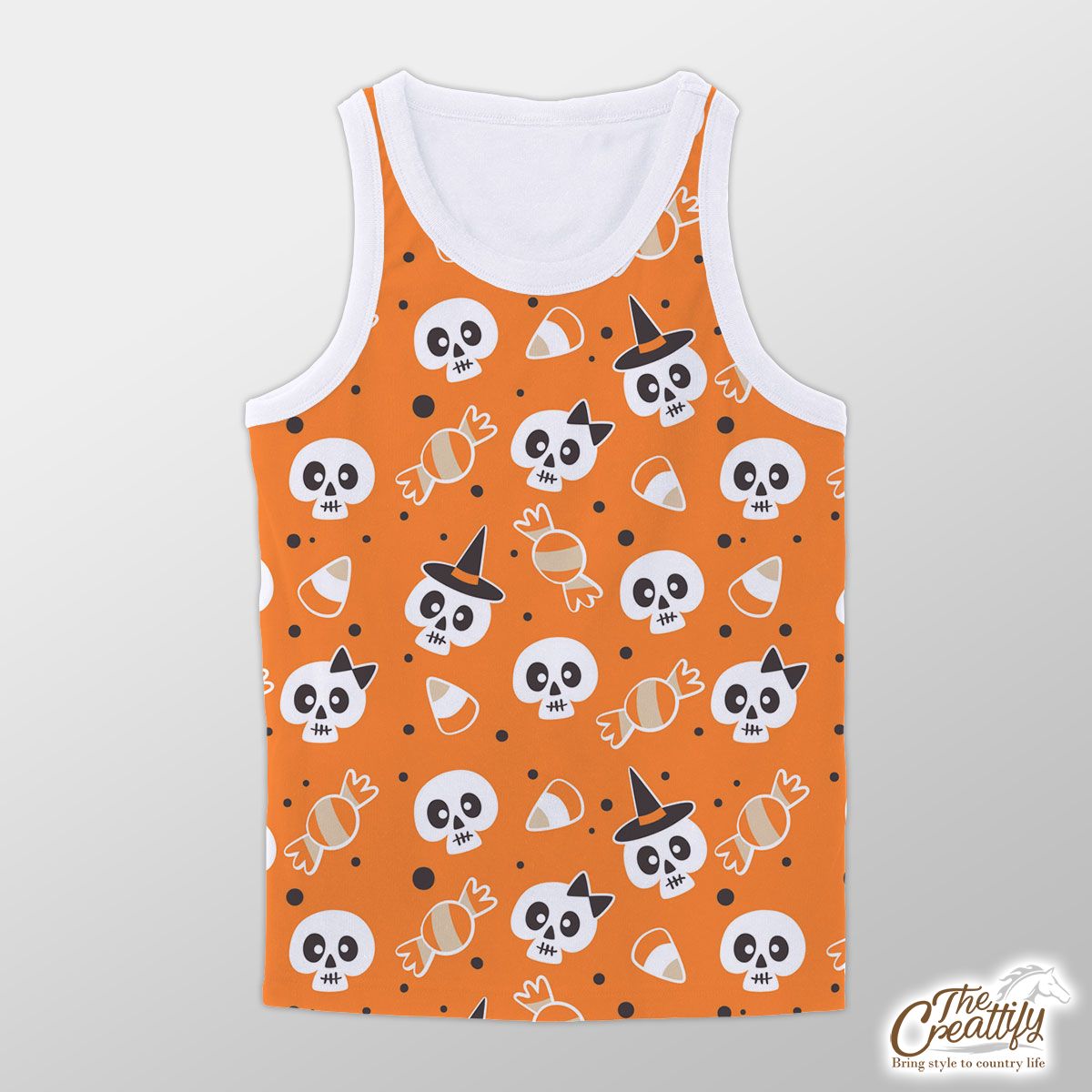Halloween Candy Cartoon Skull With Witch Hat On Orange Color Background Unisex Tank Top