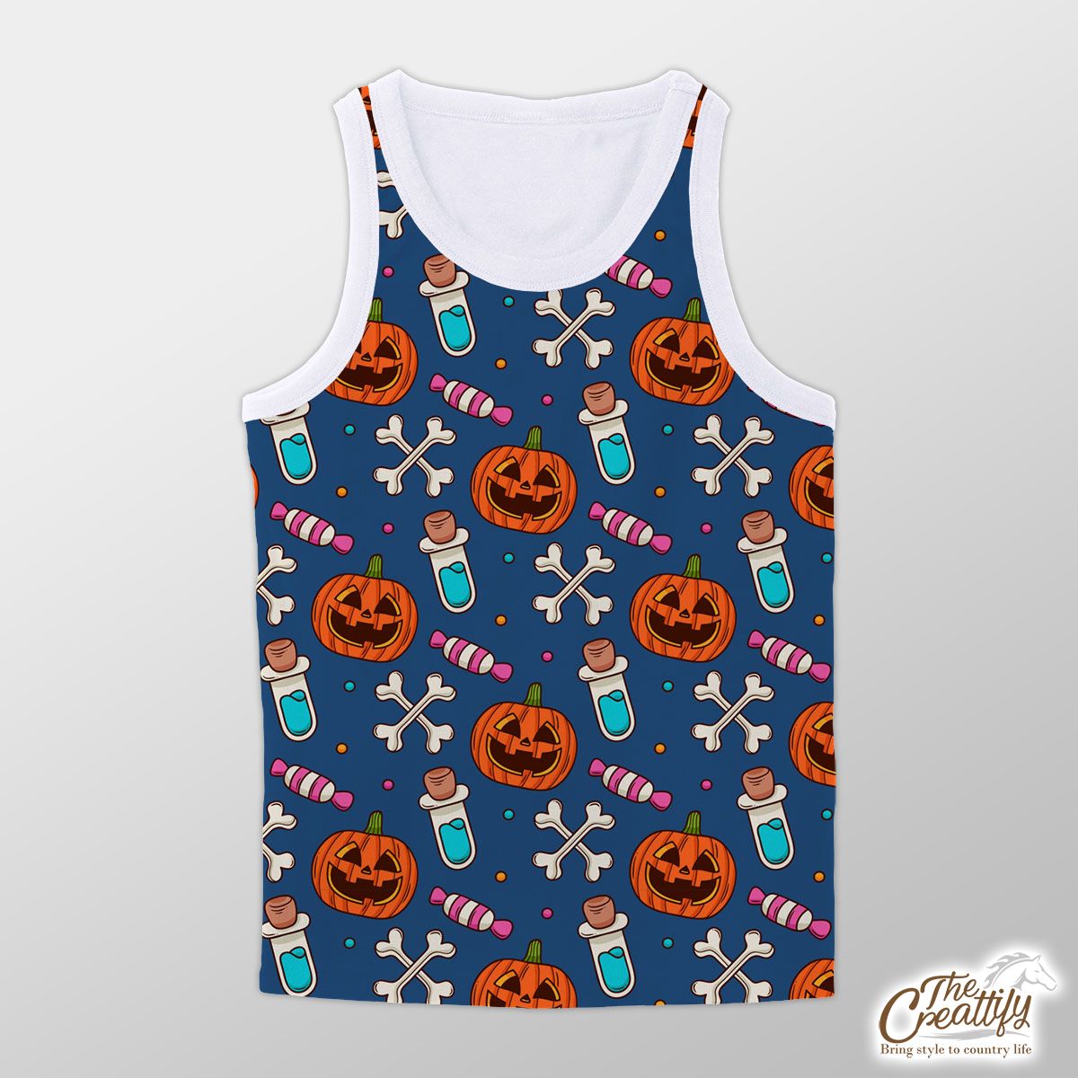 Halloween Scary Pumpkin Face With Candy And Bone Unisex Tank Top