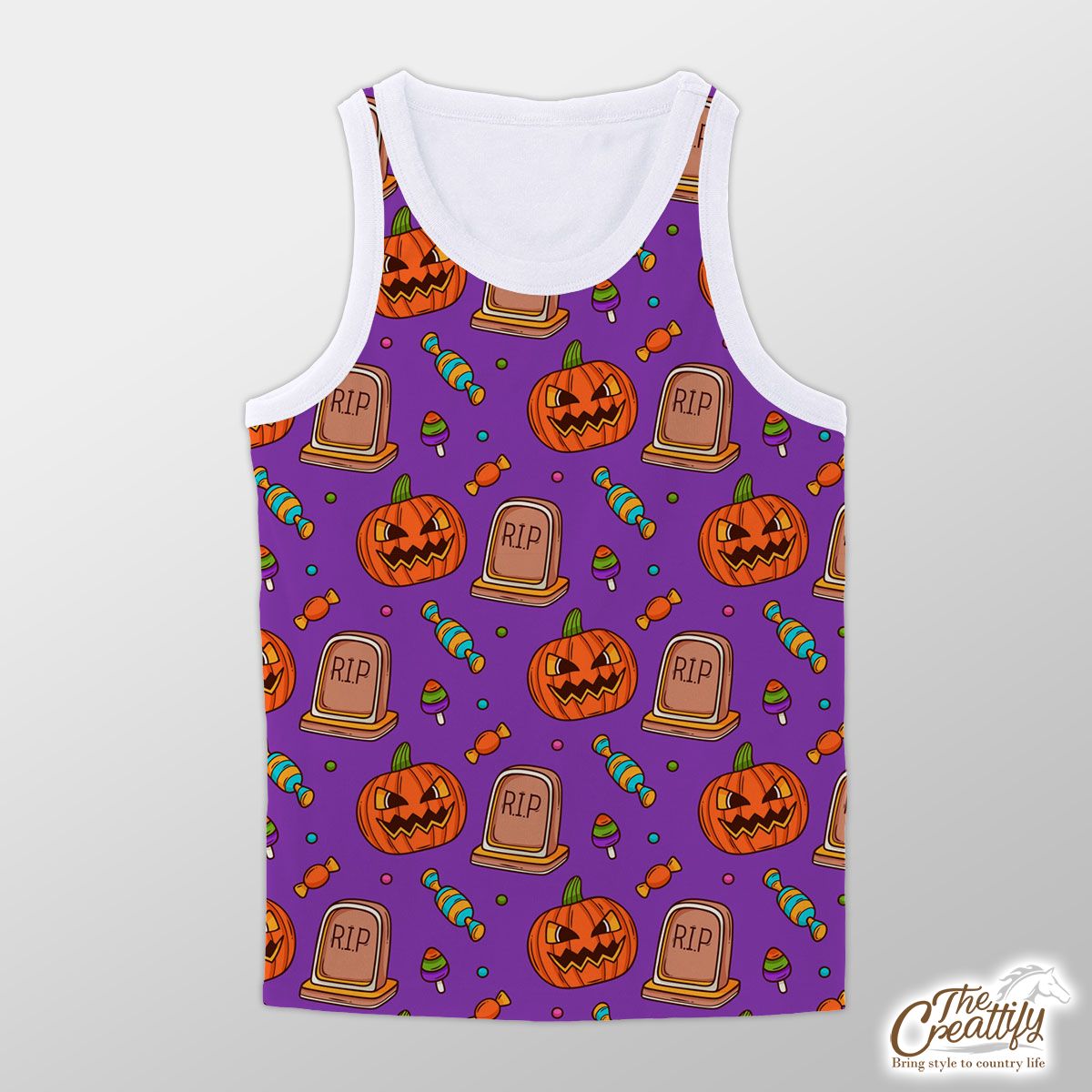 Halloween Scary Pumpkin Face With Headstone And Candy Unisex Tank Top