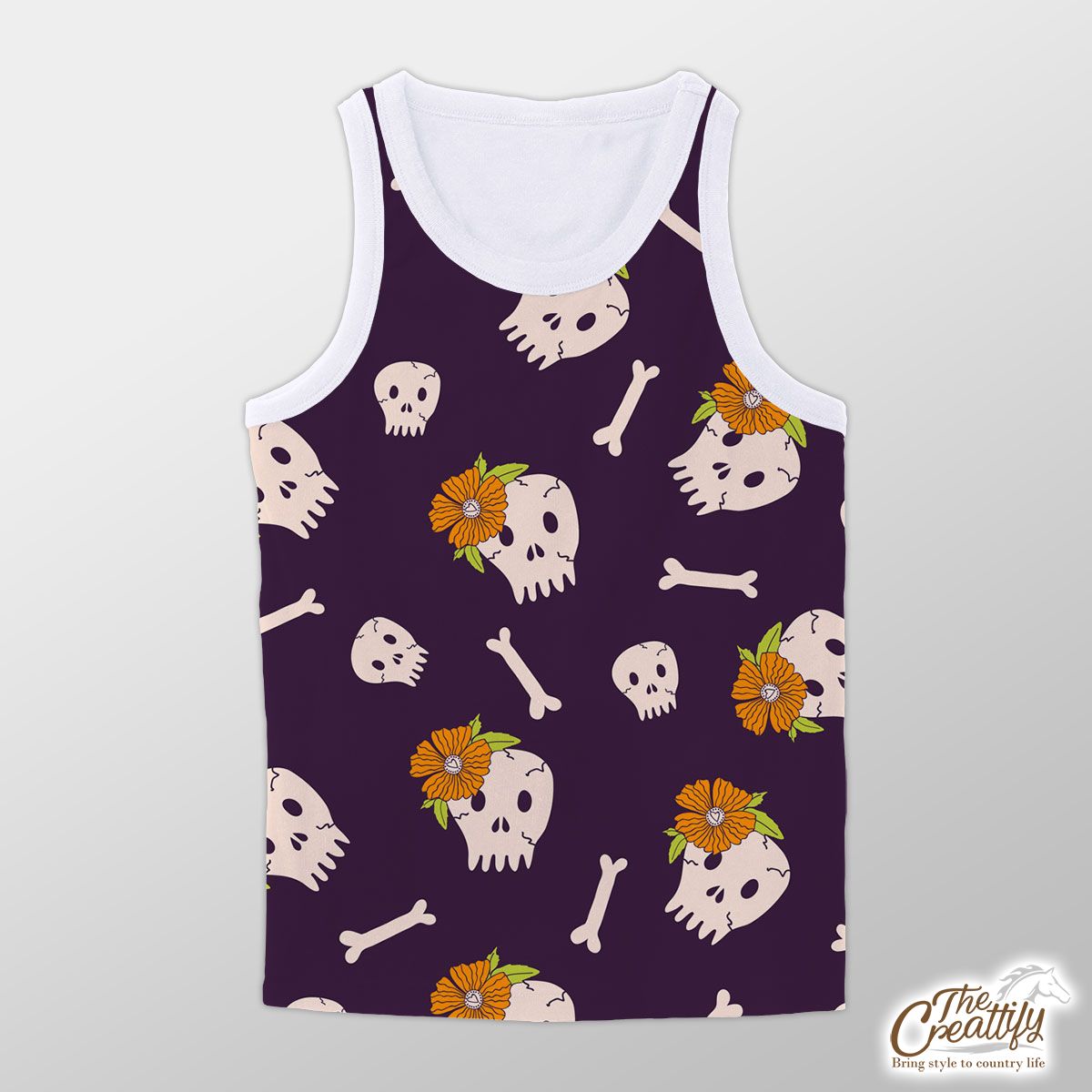 Halloween Skull Seamless Pattern With Sunflower Unisex Tank Top