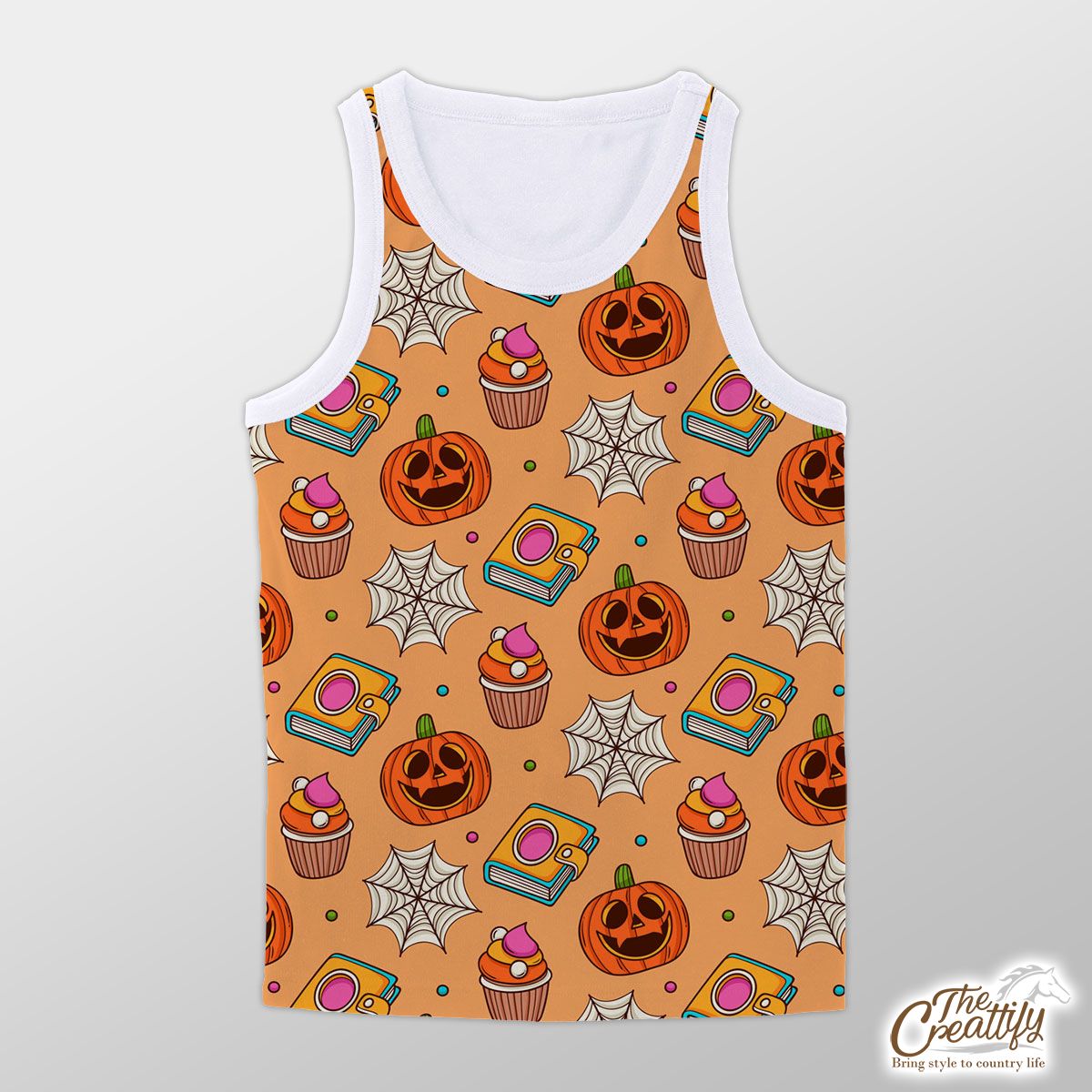 Happy Halloween With Pumpkin, Spider Web And Cartoon Cupcake Unisex Tank Top