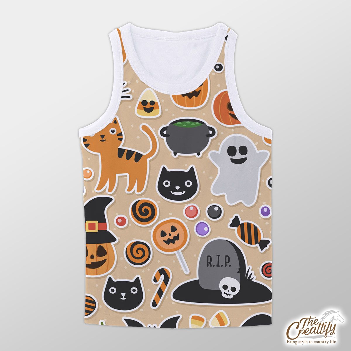 Scary Halloween Cat  With Pumpkin Jack O Lantern and Skull Unisex Tank Top