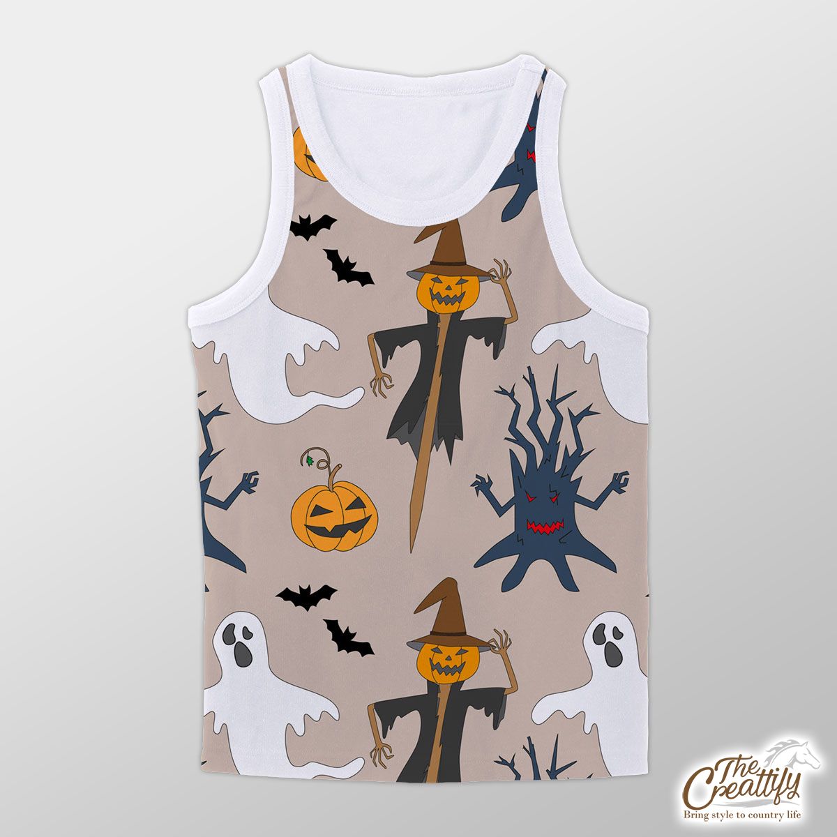 Scary Halloween Straw Scarecrow With Hat Pumpkin and Ghost Unisex Tank Top