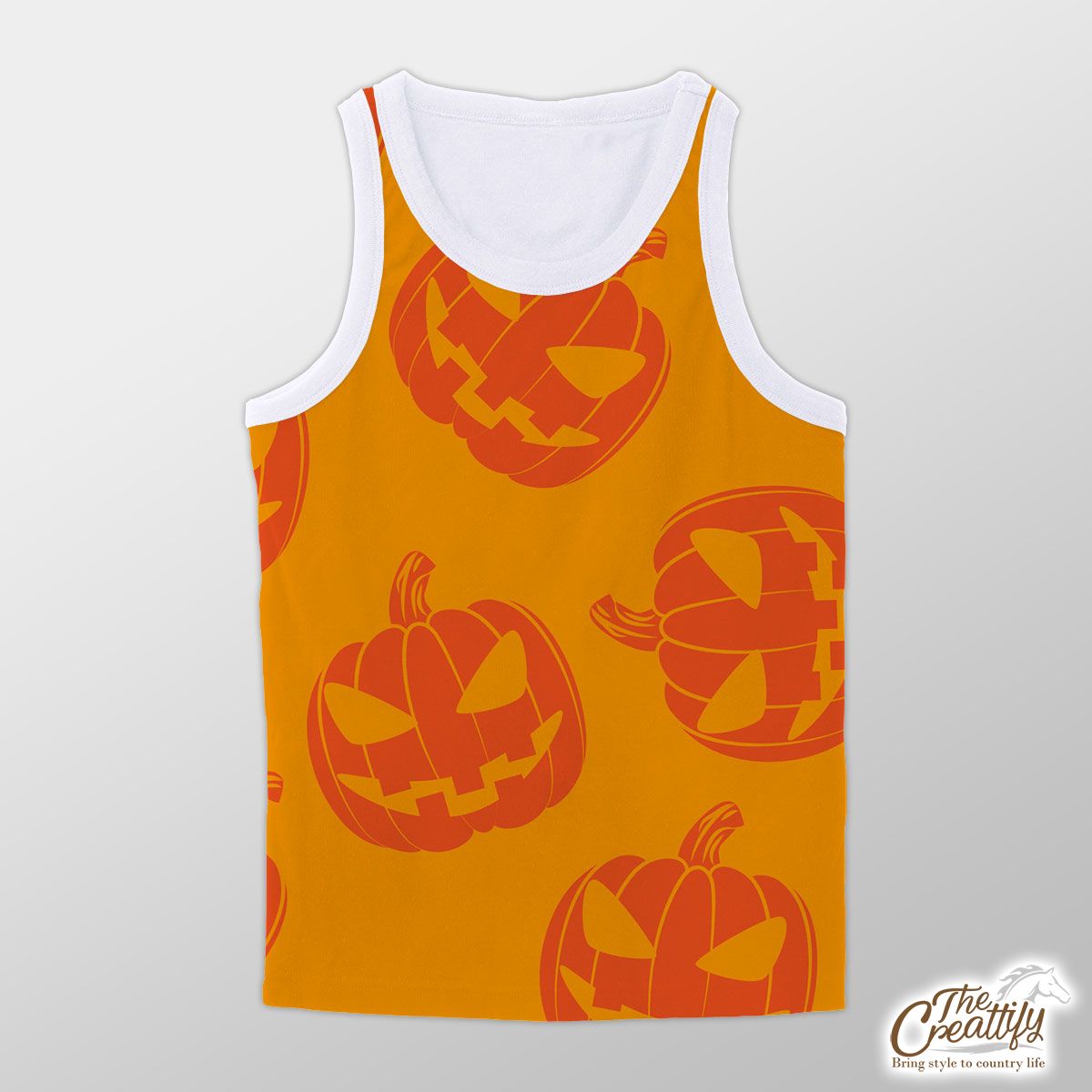 Scary Pumpkin Face On The Orange Color Background Halloween Unisex Tank Top